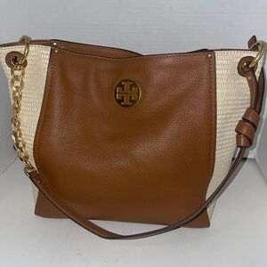 Tory Burch Everly hobo Tote shoulder bag cream woven & center Leather-Trim